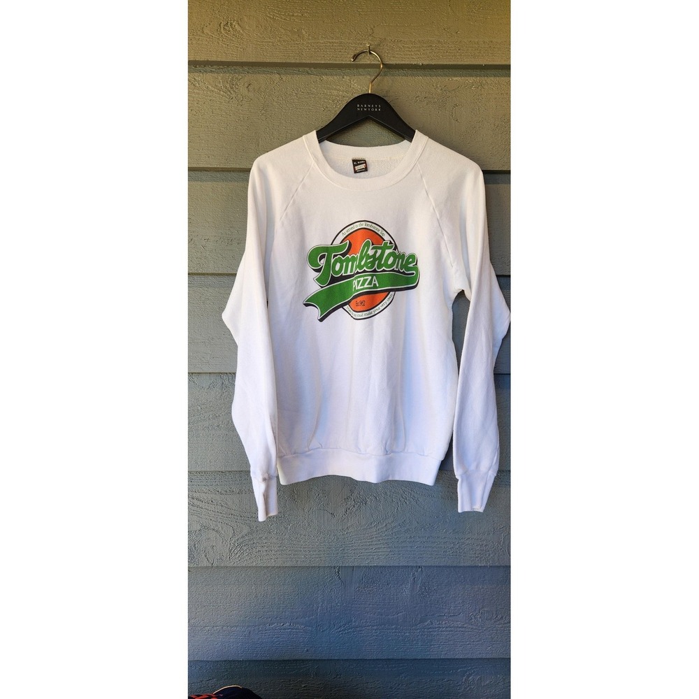 Vintage Tombstone Pizza Sweatshirt Mens XL White Screen Stars Fleece 80s